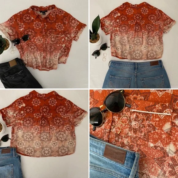 S- Floral Bleached Button Down crop top - Picture 3 of 5